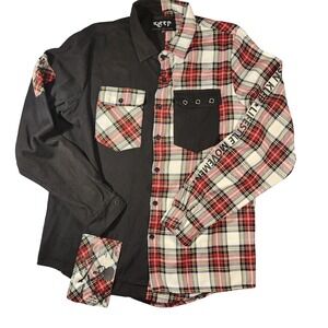 Kleep Shirt Mens Medium Black Red Plaid Patchwork Skull Graphic Streetwear